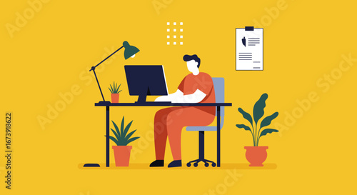 Stylized illustration of a person working remotely on a computer at a minimalist desk. Ideal for business, education, and modern lifestyle concepts.