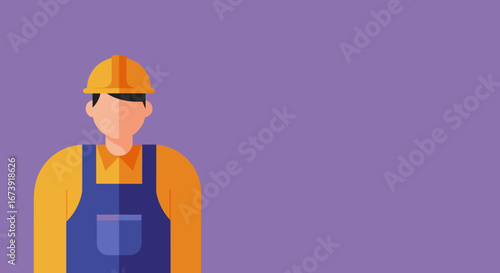 Flat design illustration of a professional worker in a hard hat and overalls, symbolizing labor, safety, and construction. Ideal for business, essential services, or career themes.