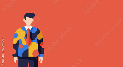 A vibrant, flat illustration of a man in an artistic, colorful jacket and red tie, symbolizing individuality and creativity in business. Ideal for modern professional concepts.