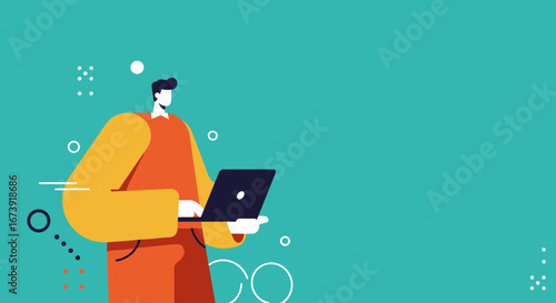 A man works on a laptop in a modern flat design illustration, symbolizing remote work, digital communication, and technology. Ideal for business, education, or lifestyle content.