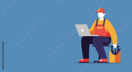 Illustration of a skilled worker with a laptop and toolbox, symbolizing modern technical services, digital solutions, and remote professional support for business.