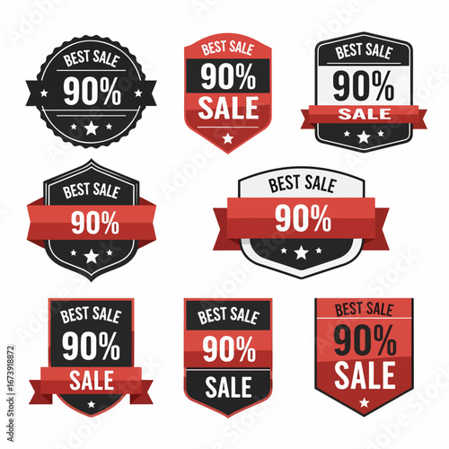 Colorful 90% discount label design for retail promotion banners, shopping ads and limited time sale campaigns.