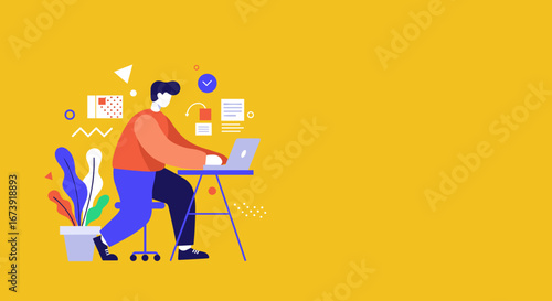 Modern illustration of a person working remotely on a laptop, symbolizing productivity, business, and digital lifestyle in a vibrant setting.