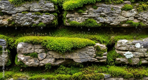 Charming stone wall covered in lush moss under slight droplets condition