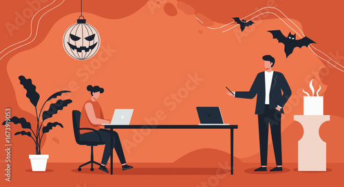 Two business professionals collaborate in an office, decorated for Halloween with a pumpkin lantern and bats, blending work with seasonal cheer.