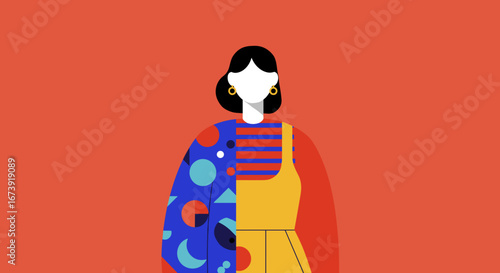 Modern vector illustration of a woman showcasing vibrant, contrasting styles, representing individuality, creativity, and unique fashion expression. Ideal for lifestyle and personal branding.