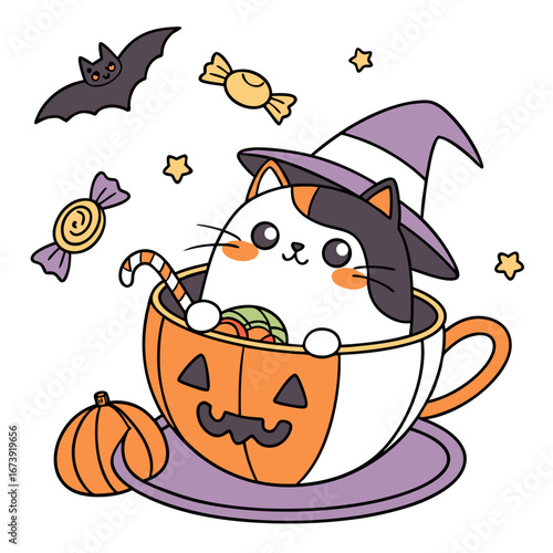 Playful Bashful Chonky cat design, styled with sitting in a teacup ride and Spooky Fun shades in a Halloween setting