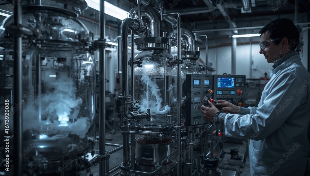 Fototapeta premium Technician adjusts chemical flow in pilot-scale lab with glass reactors and screens