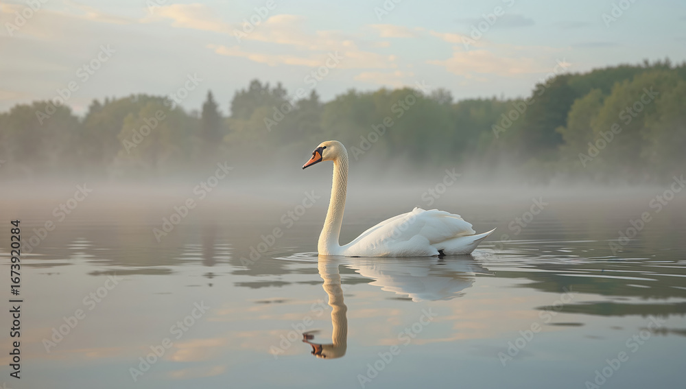 Fototapeta premium Majestic white swan glides through misty dawn lake with pastel reflections