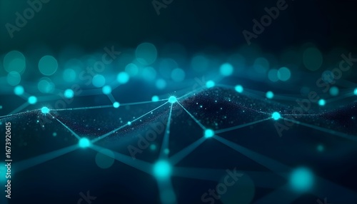 Abstract digital network with glowing blue and green nodes connected by light lines, soft gradients, no metallic shine .