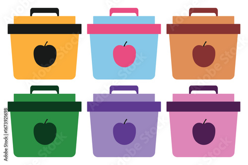 Set of Colorful Lunch Boxes with Apple. Reusable Kids Food Containers