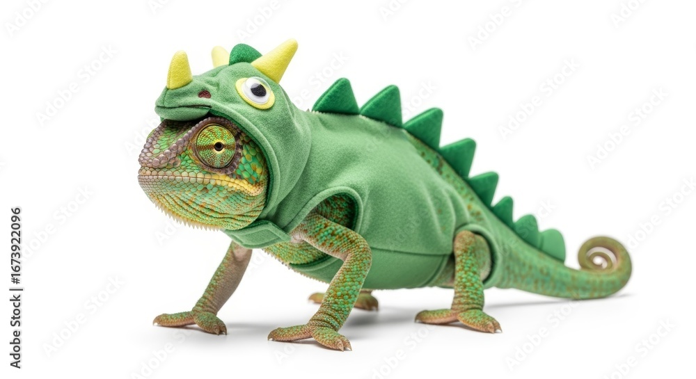 Obraz premium chameleon dressed as a dinosaur, Halloween costume, prehistoric dino costume