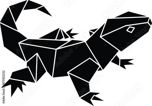 Geometric black origami lizard silhouette on white background