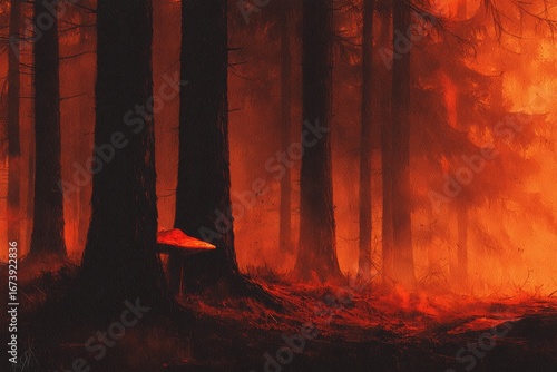 Fiery, orange-toned forest scene