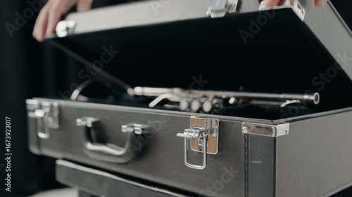 Jazz singer plays on a trumpet in modern studio. Playing live jazz concert. Passion for music. Close Up hand of young trumpet player. A man in a suit opens a suitcase where a new trumpet is located.