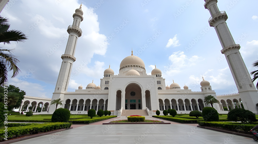 Fototapeta premium The largest mosque in Southeast Asia and the ninth largest mosque in the world: Istiqlal Mosque, Jakarta, Indonesia. The outside park view from inside the mosque.