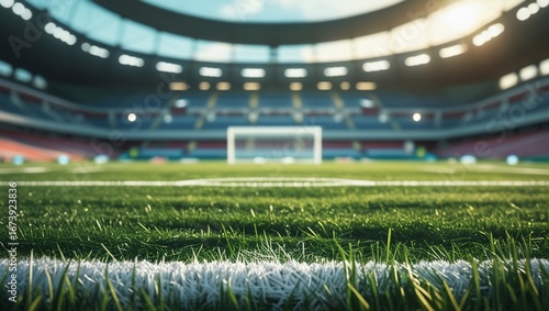 Soccer field with stadium, game, and grass.