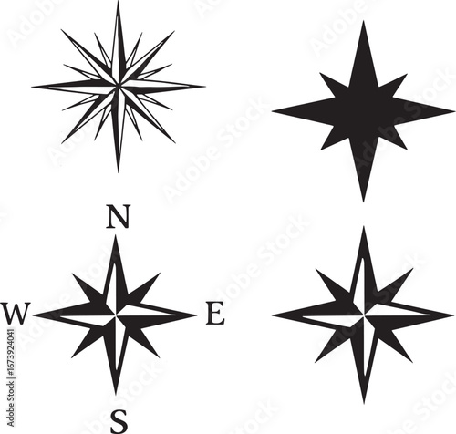 Four compass rose symbols in black and white on a white background direction north