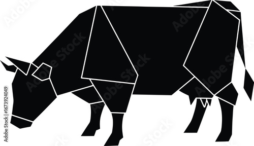 Geometric black silhouette of a grazing cow
