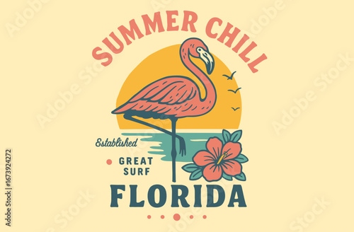 Summer illustration. Chill Florida illustration. Flamingo art. Tropical Retro Vacation art. Badge Vector Illustration. flamingo illustration.