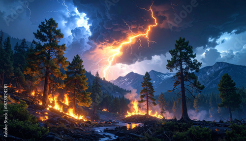 Nature wildfire caused by lightning strikes ignites forest flames with dramatic sky and mountain backdrop creating intense natural disaster scene