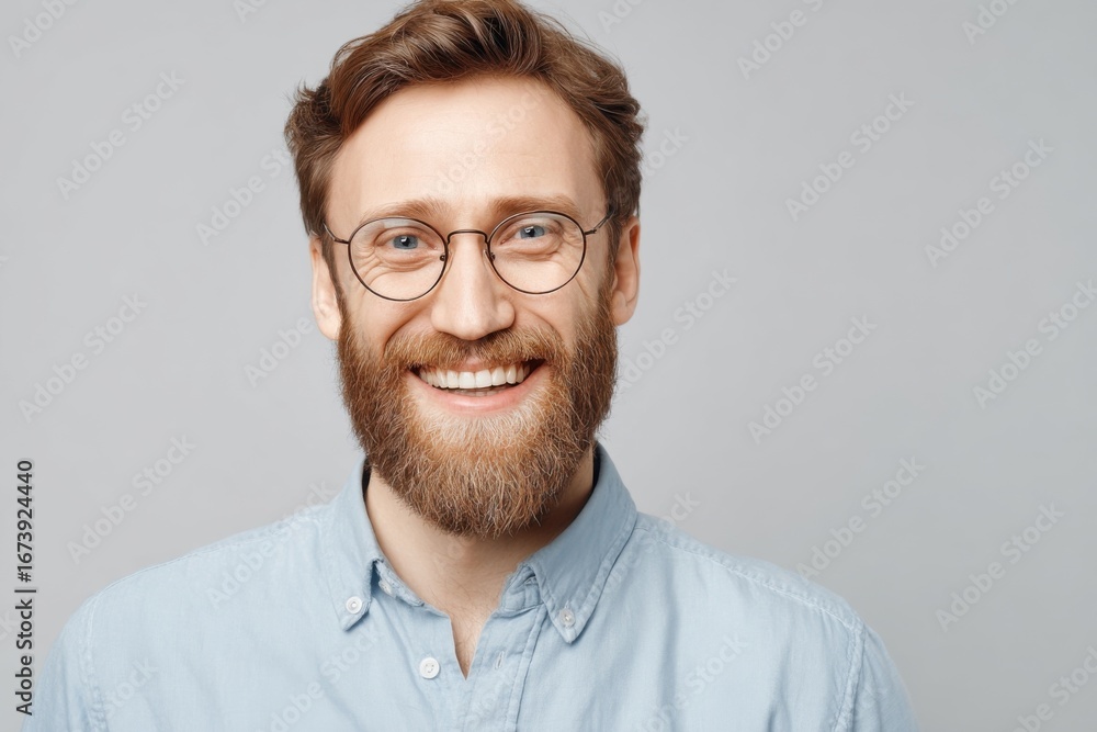 Obraz premium Friendly smiling man with beard glasses and casual shirt isolated background.