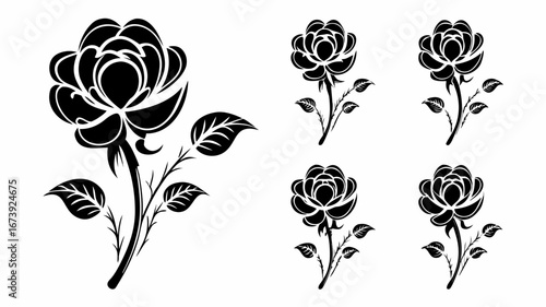 Black silhouette of roses with leaves and thorns in different sizes and arrangements on white background | editable eps vectors