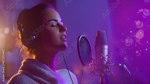 Woman wearing headphones singing into a studio microphone with purple lighting image