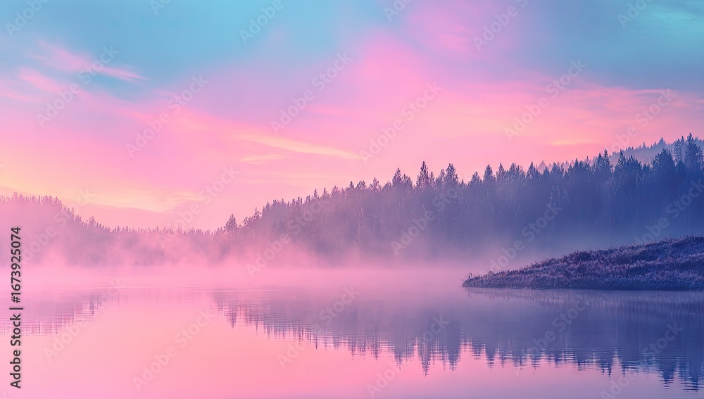 Fototapeta premium Serene lakeside scene at dawn, pastel pink and blue sky reflecting on calm water, misty forest backdrop