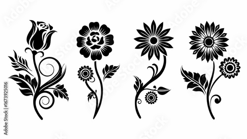 Black and white floral arrangement featuring a rose and various daisy like flowers on a white background | editable eps vectors silhouette