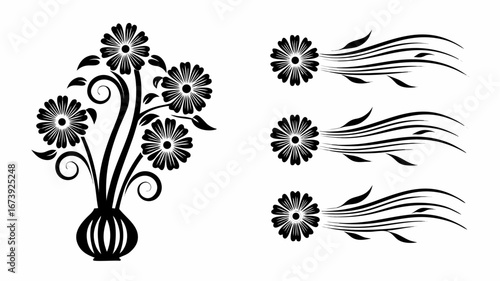 Black and white floral arrangement in a vase with flower trails on a white background illustration | editable eps vectors silhouette