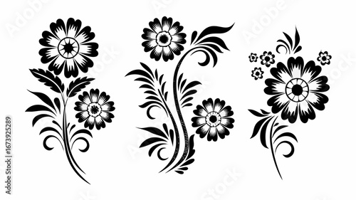 Three floral arrangements in black and white featuring daisy like blossoms and decorative leaves and swirls | editable eps vectors silhouette