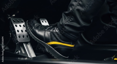 Foot pressing shiny metal car pedal, wearing leather shoe