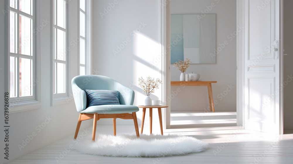 Fototapeta premium minimal pastel living space, cozy scandinavian interior, sunlit hygge home decor, Scandinavian interior with pastel chair, striped cushion and fluffy rug