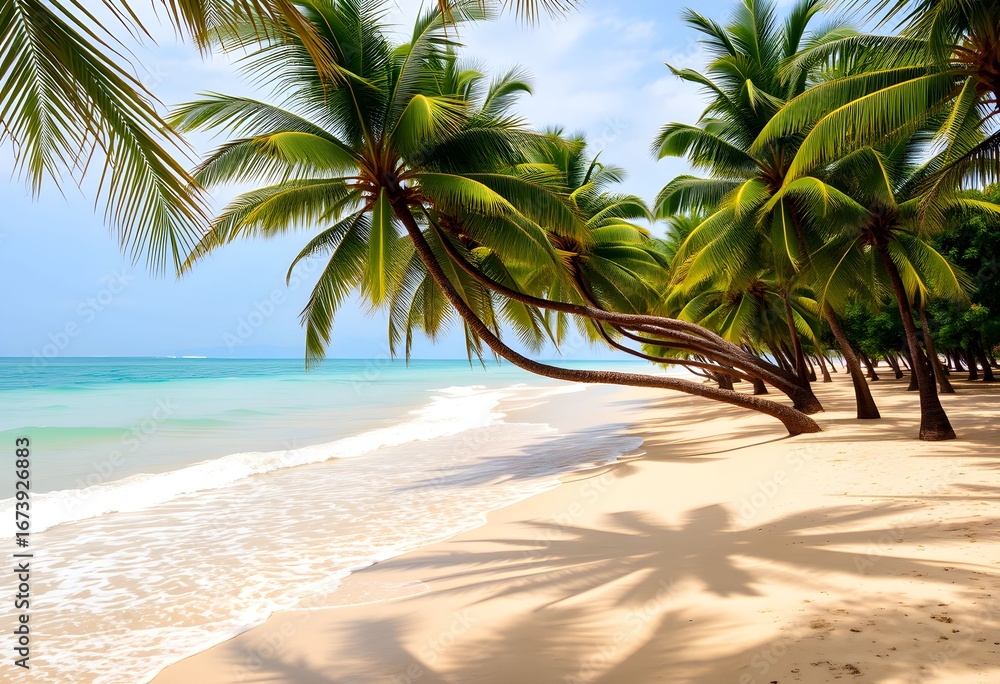Obraz premium Tropical beach scene with swaying palm trees casting shadows on the sand.
