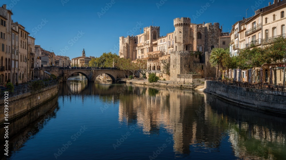 Fototapeta premium France Narbonne. Historic Old Town with River, Bridge, and Architectural Buildings