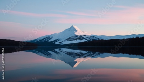 Snowcapped peak reflecting in calm lake. (1)