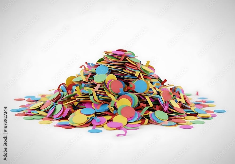 Fototapeta premium Pile of Colorful Confetti Streamers and Circles on White Backdrop