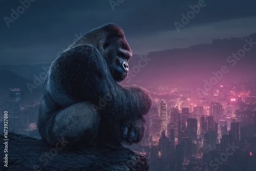 Gorilla King Kong. Adult African Ape Alone on Cliff with Glowing City Background