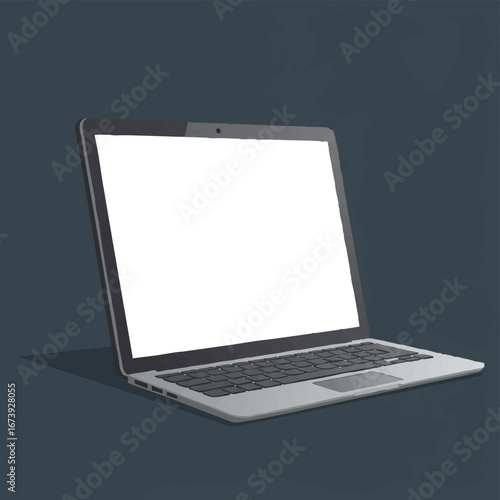 Isolated laptop with a blank white screen, presented on a dark blue background.