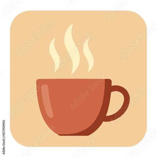 A stylized illustration of a steaming cup of coffee or tea on a rounded square background.