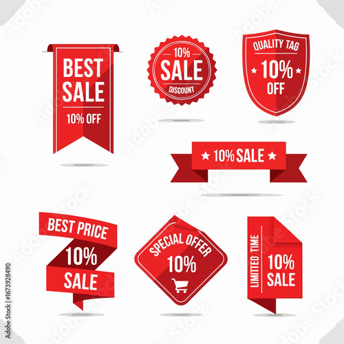 Realistic red price tags collection. Special offer or shopping discount label. Retail paper sticker.