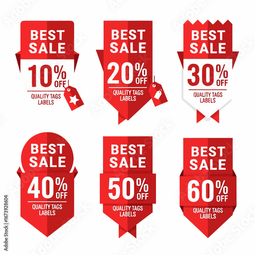 Realistic red price tags collection. Special offer or shopping discount label. Retail paper sticker. Promotional sale badge. Vector illustration.
