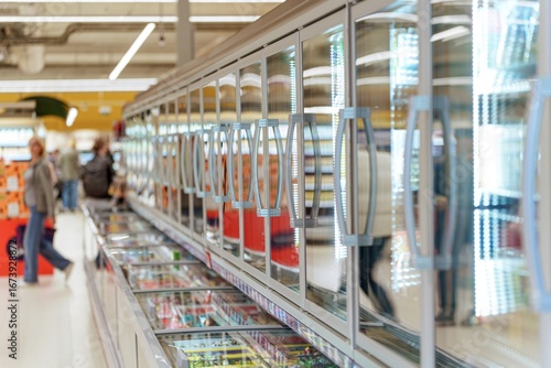 Frozen food aisle with glass door freezers in supermarket.