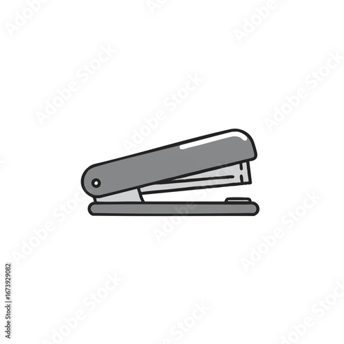 A gray stapler with black outlines is displayed on a white background in a simple, illustrative style.