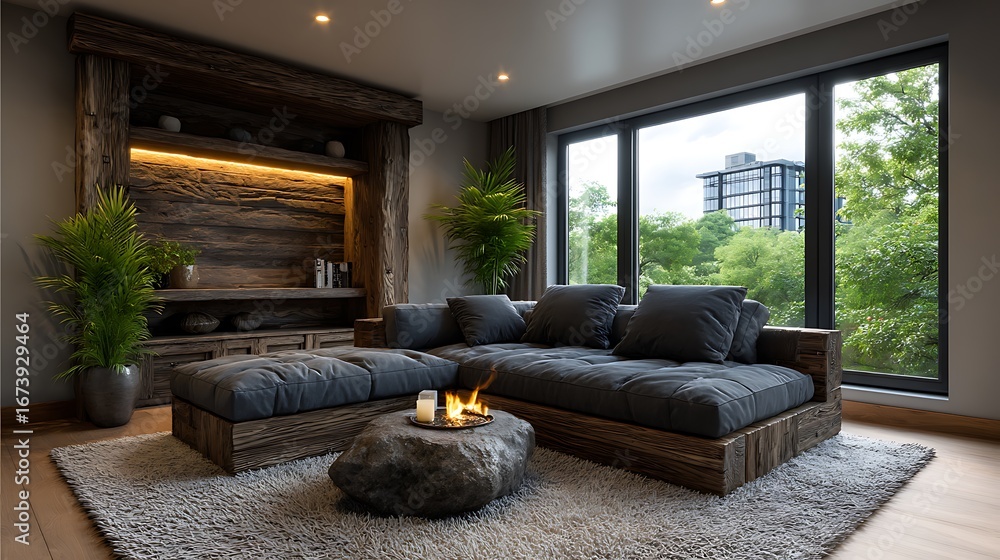 Fototapeta premium A realistic high-definition photo of a family room with large sectional couch and media unit.
