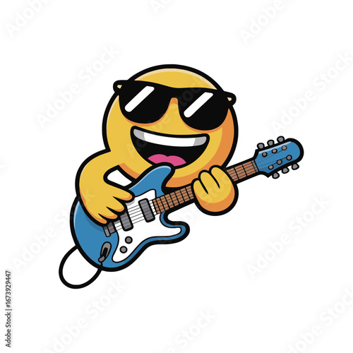 Smiling emoji character playing electric guitar in a fun, upbeat music themed illustration