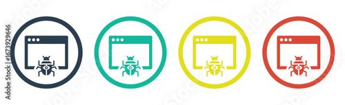 Colorful browser window with bug malware icons representing cyber threat, virus, and security alert.
