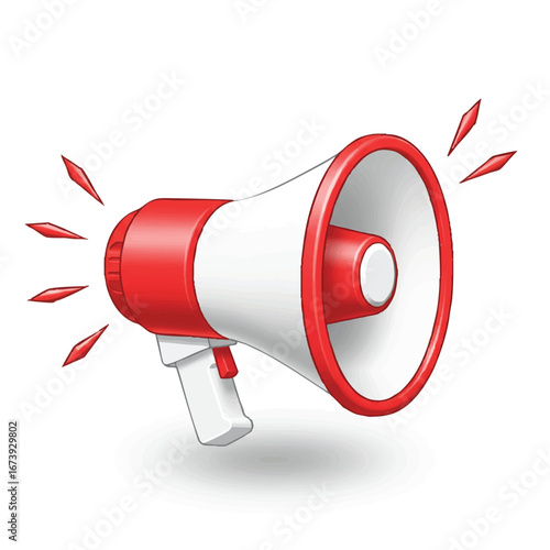A red and white megaphone with sound waves emanating, isolated on a white background.