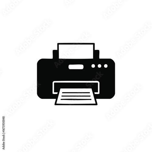 Black and white illustration of a printer with paper, showing printing process.